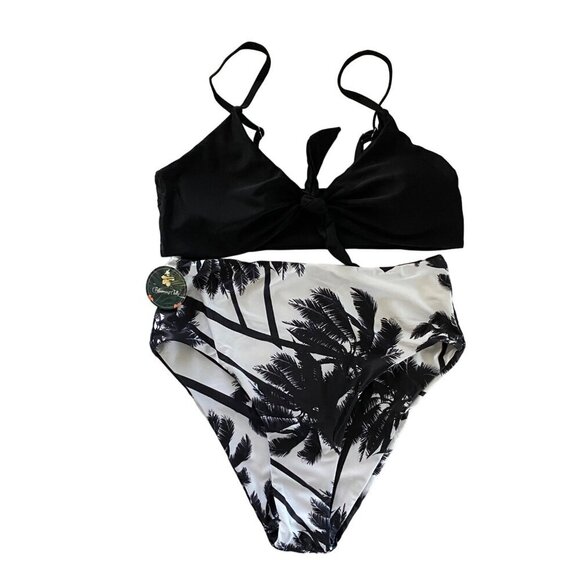 Blooming Jelly Two Piece Swimsuit Bikini Black Leaf Palm Trees Medium NEW NWT - Picture 2 of 11